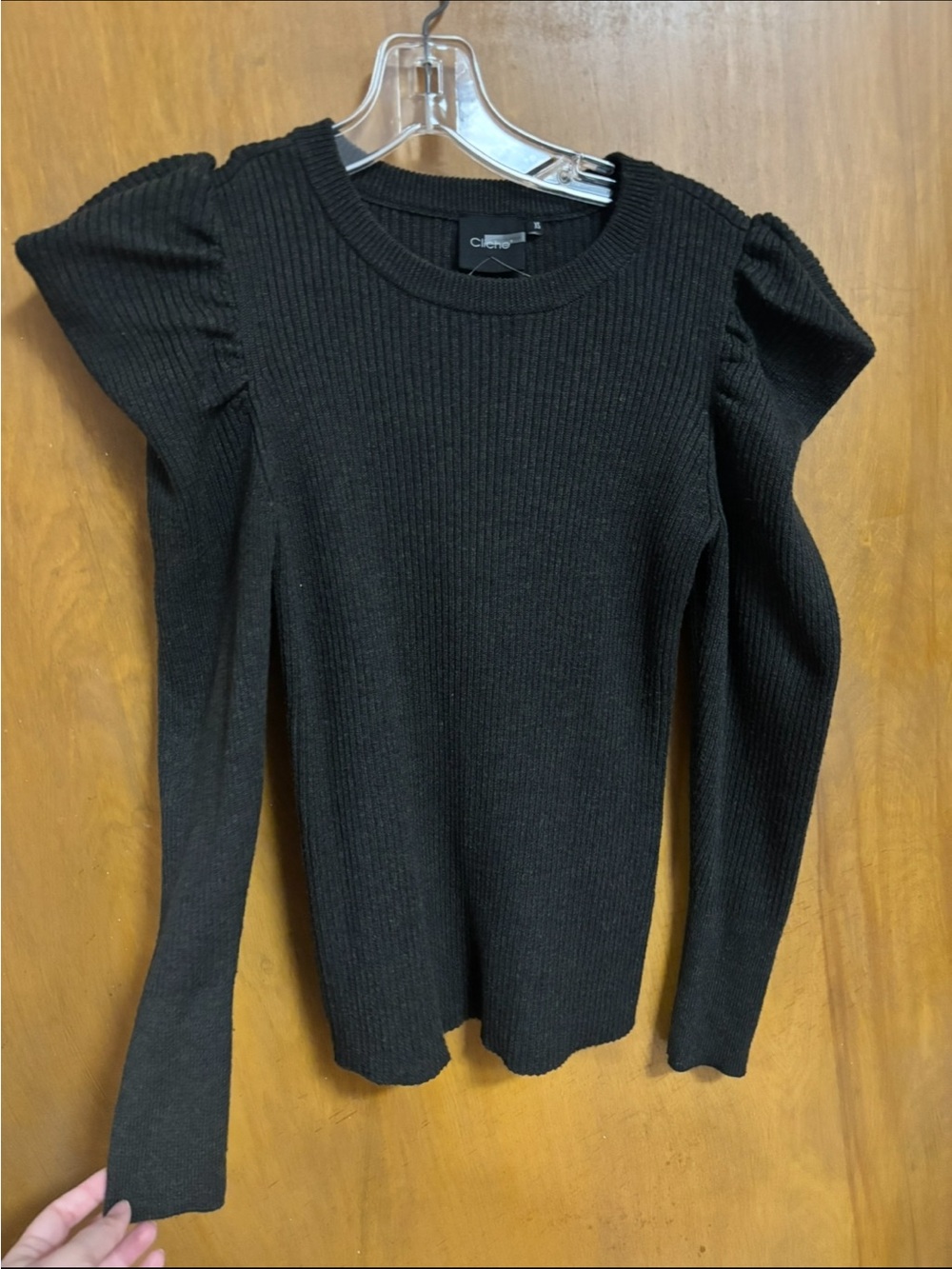 CLICHÉ, Black Puff-Sleeve Ribbed Top, Size XS